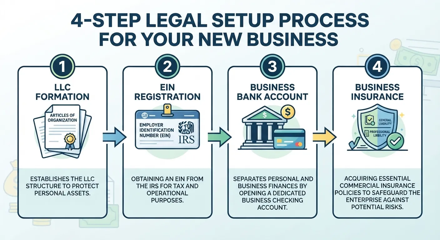 Step-by-step flowchart showing the business legal setup process from forming an LLC to obtaining an EIN, opening a business bank account, and securing insurance.