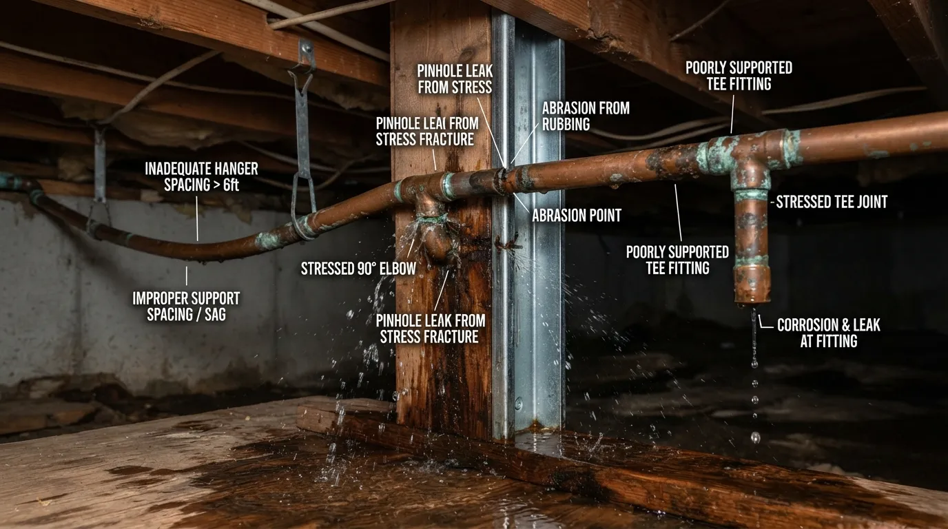 Close-up of improper pipe installation and mechanical stress marks on plumbing joints causing copper pipe wear