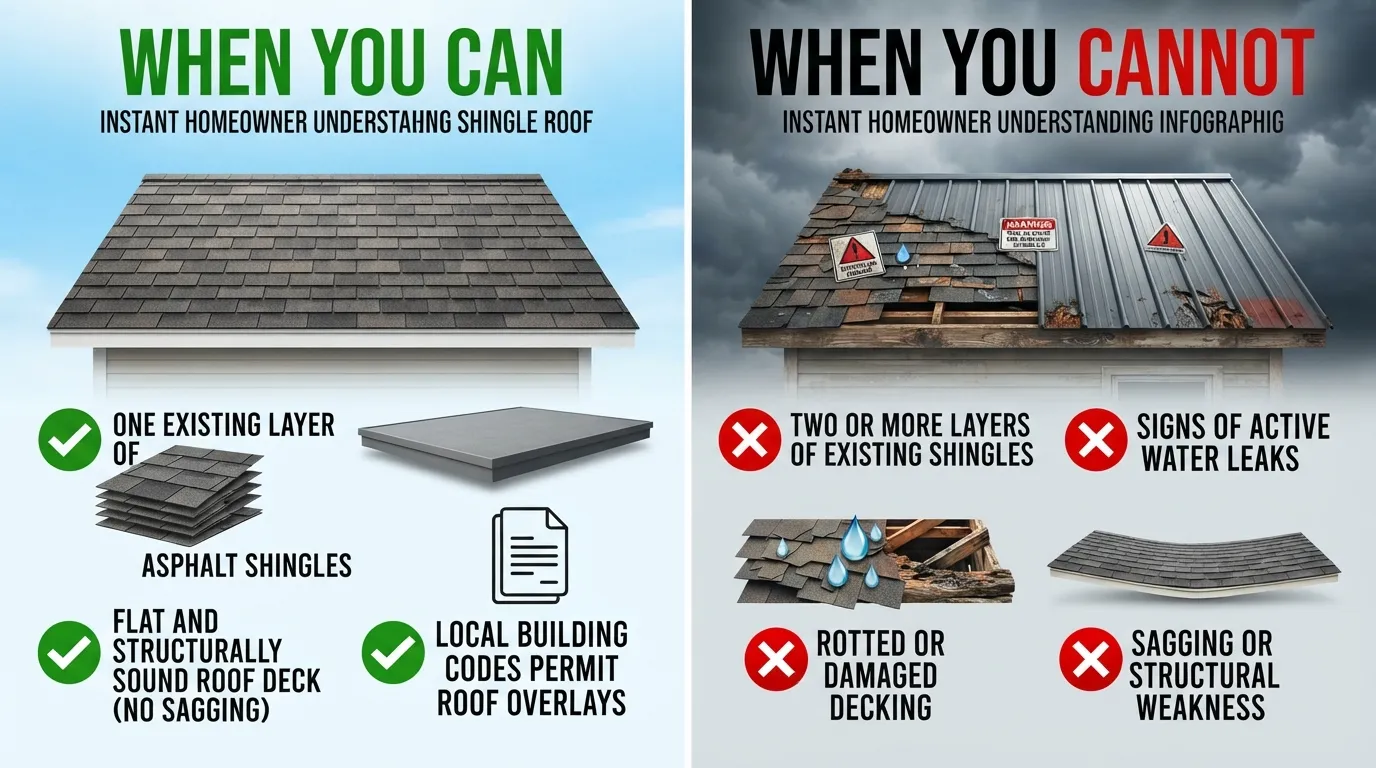A detailed checklist chart on a clipboard alongside a roof cross-section, helping homeowners determine if their asphalt shingle roof is eligible for a metal roof overlay.
