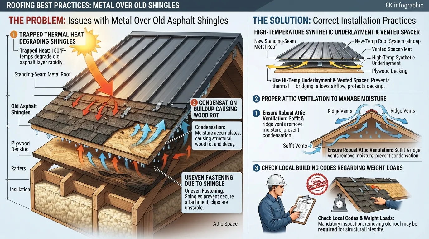 Cross-section diagram of a metal roof installed over old asphalt shingles, highlighting common installation issues like trapped moisture and lack of ventilation.