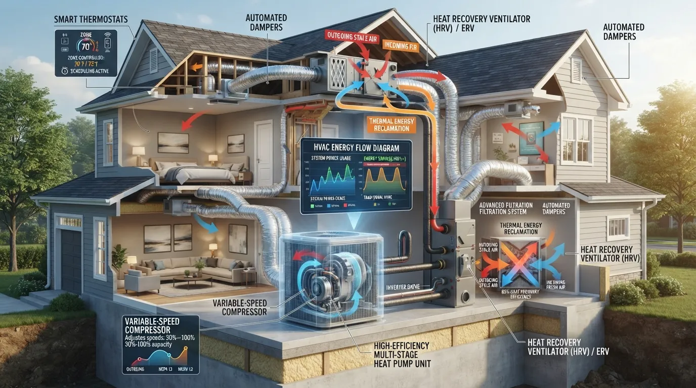 An informative diagram illustrating key efficiency technologies in modern HVAC systems, including variable-speed compressors, smart thermostats, and multi-stage heat pumps.