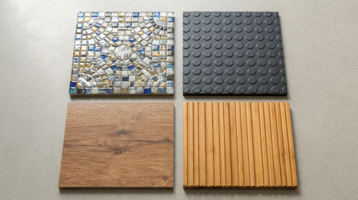 Close-up view of mosaic epoxy, rubber, laminate, and bamboo samples displayed side by side to compare textures and finishes.