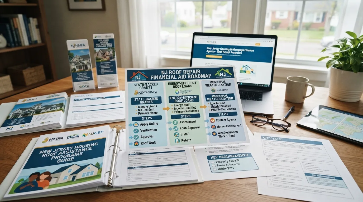 A homeowner reviewing New Jersey roof replacement assistance program documents and home improvement grant paperwork at a desk.