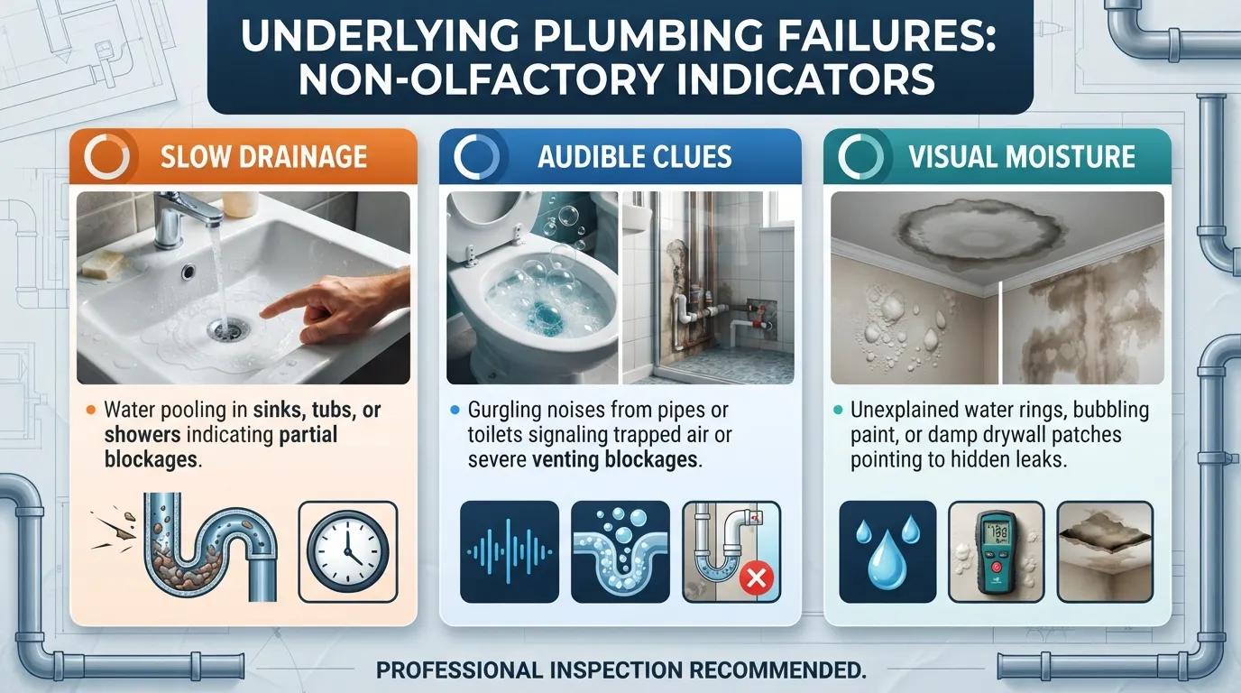 Infographic displaying common non-smell warning signs of hidden plumbing problems, such as slow-draining sinks, gurgling pipes, and unexplained water stains on walls.