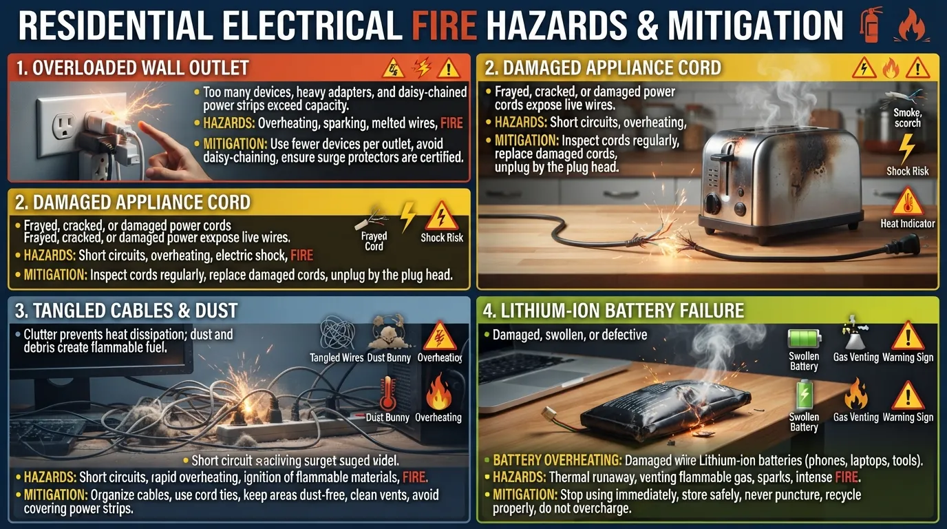 Comprehensive safety infographic illustrating causes and prevention methods for electrical, appliance, computer, and lithium-ion battery fires originating from wall outlets.