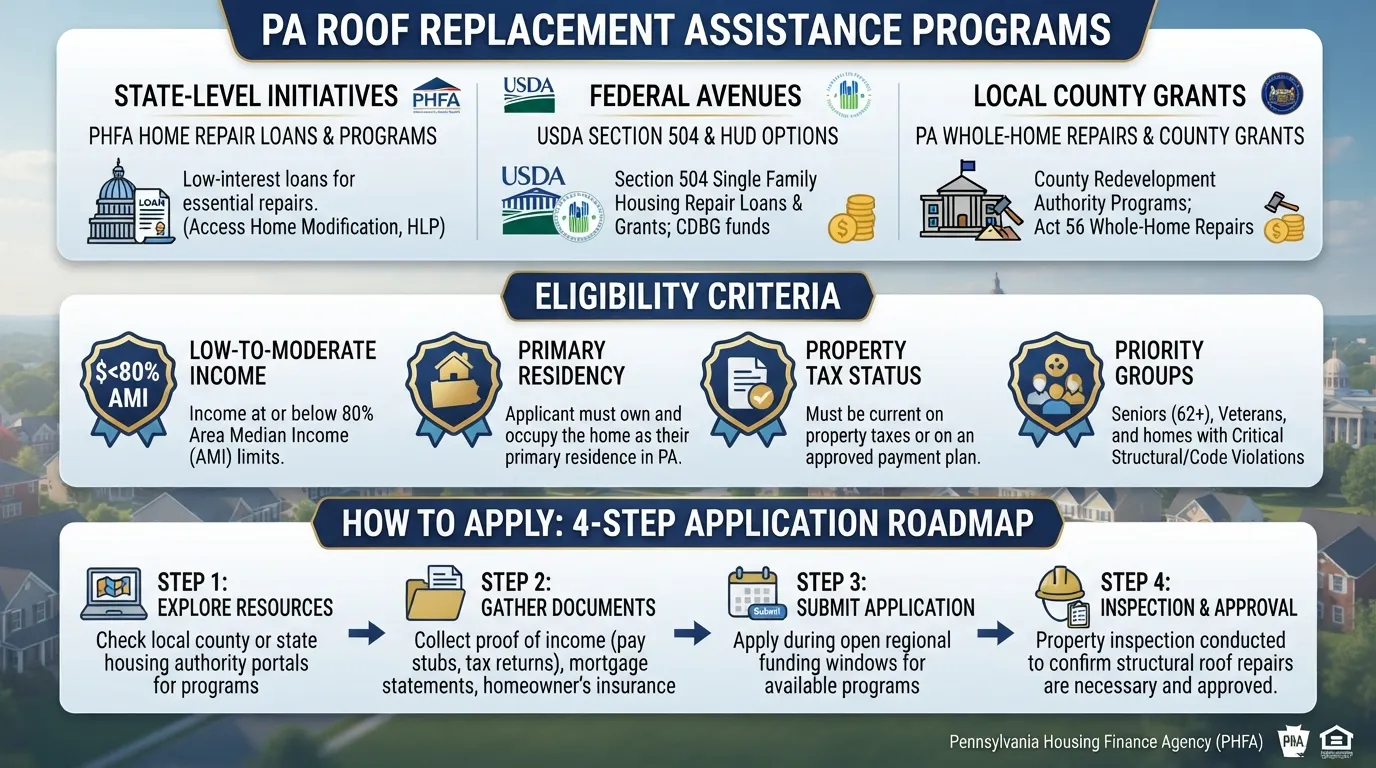 Infographic outlining Pennsylvania roof replacement assistance programs, detailing eligibility tiers, application steps, and grant options for homeowners.