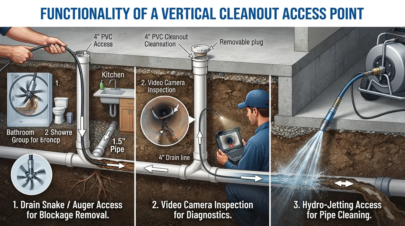 Cross-section diagram illustrating a plumbing cleanout pipe connected to a main sewer line, showing how plumbers access the pipe to clear clogs and debris.