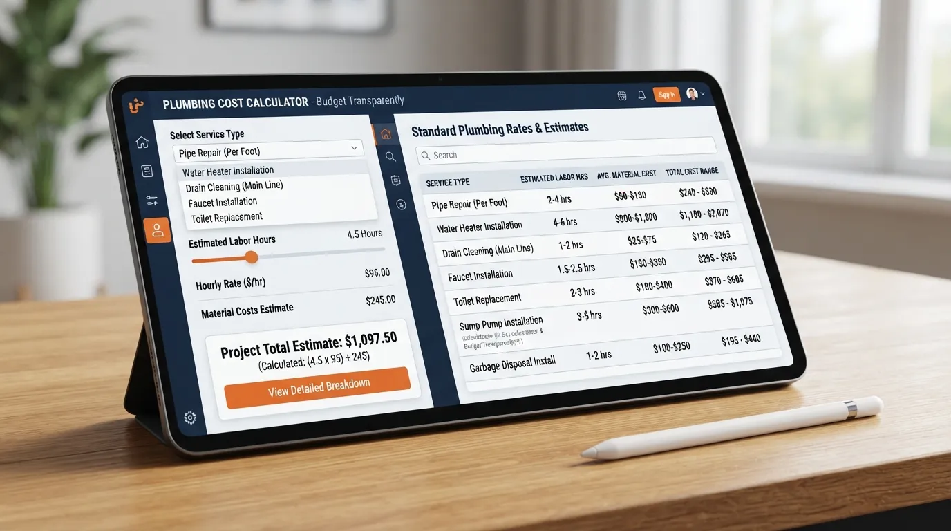 A digital screen displaying a plumbing job cost calculator interface alongside a comprehensive free price list table for common plumbing repairs and installations.