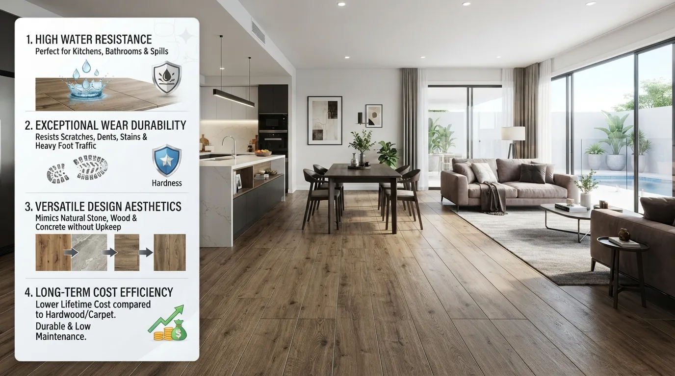 A high-resolution display showcasing durable and stylish porcelain tiles installed in a modern living space to highlight why they are the best overall flooring choice.