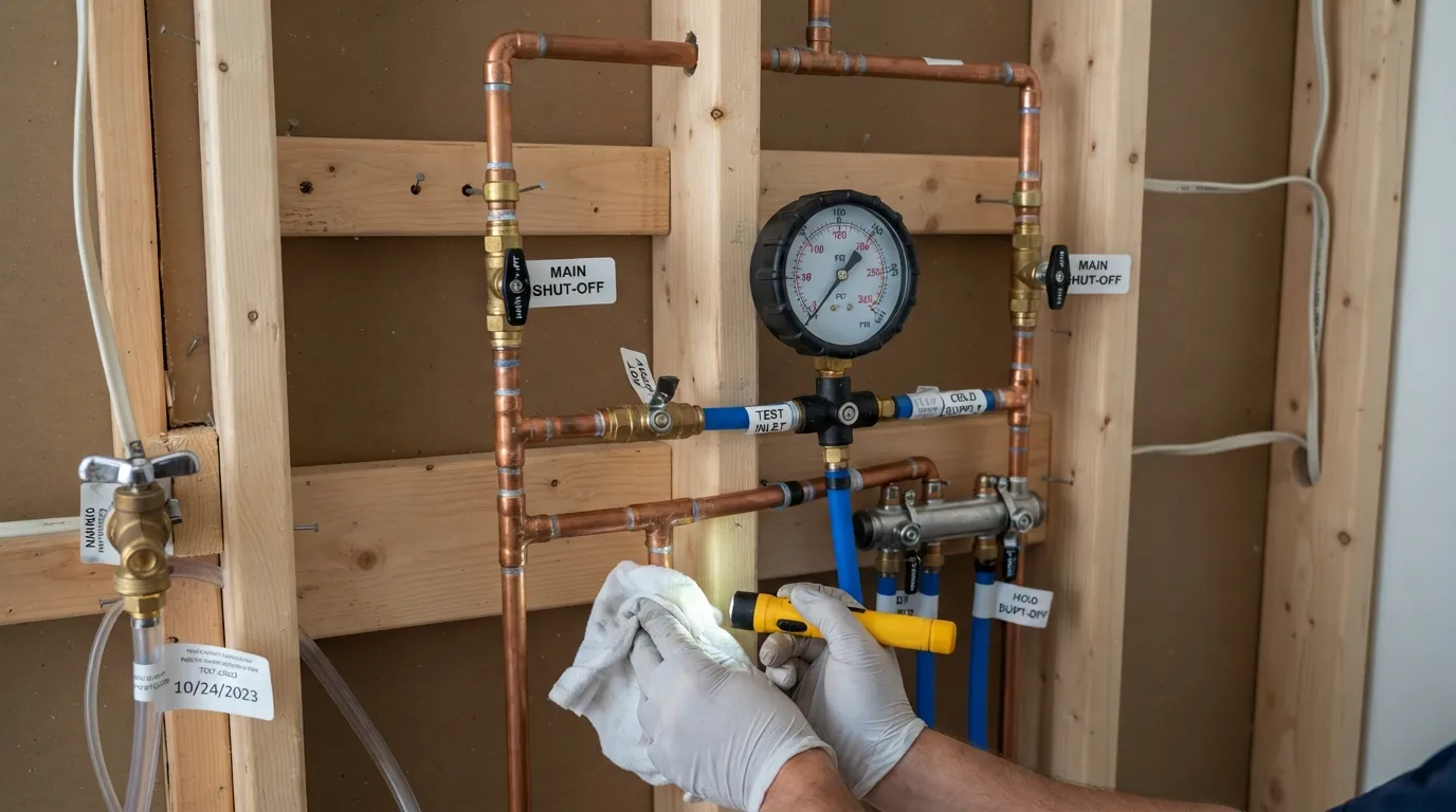Plumber conducting a hydrostatic pressure and leak test on newly installed plumbing pipes inside a wall cavity before drywall installation.