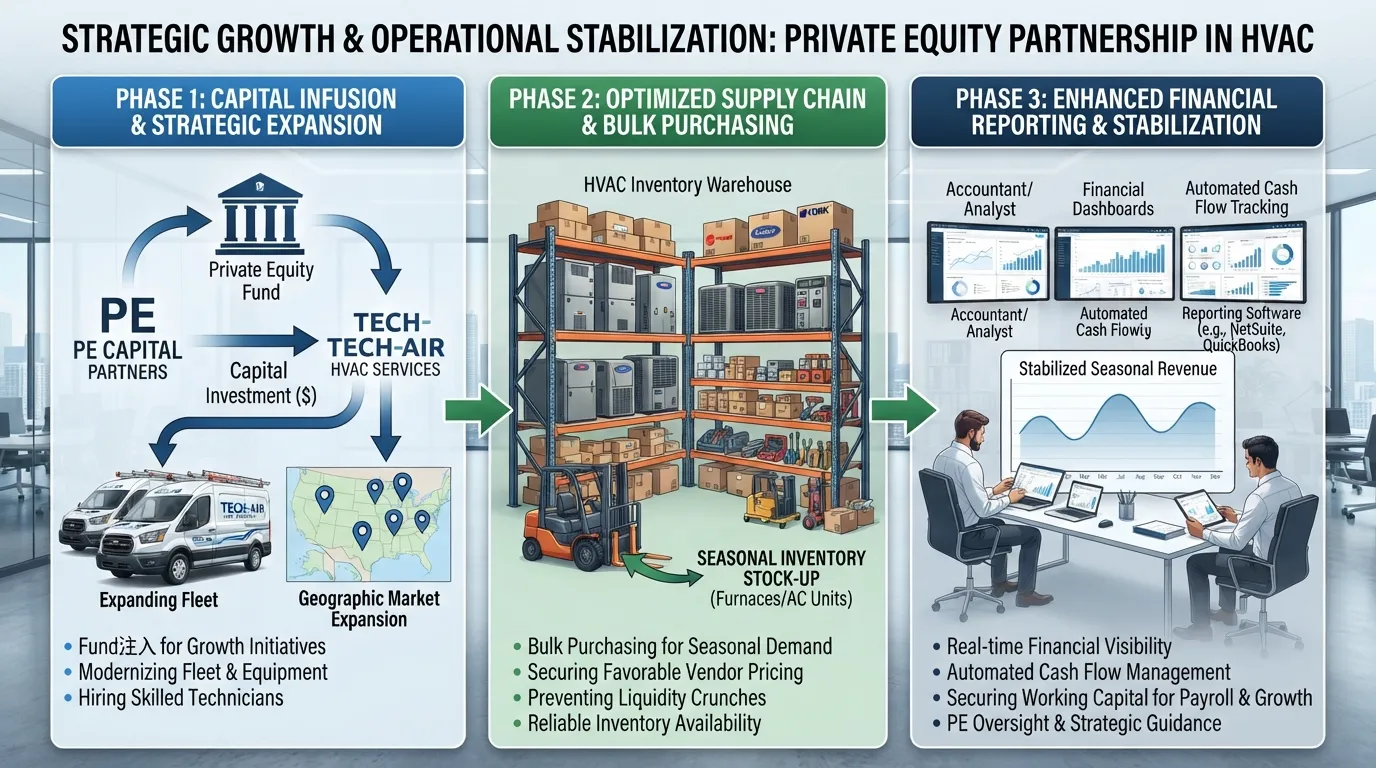 Infographic illustrating private equity investment in an HVAC business, showing cash flow, equipment inventory, and working capital management.