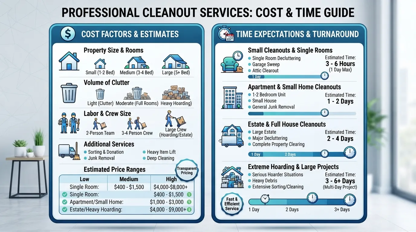 Infographic comparing the average costs and completion timeframes for professional junk removal and estate cleanout services.
