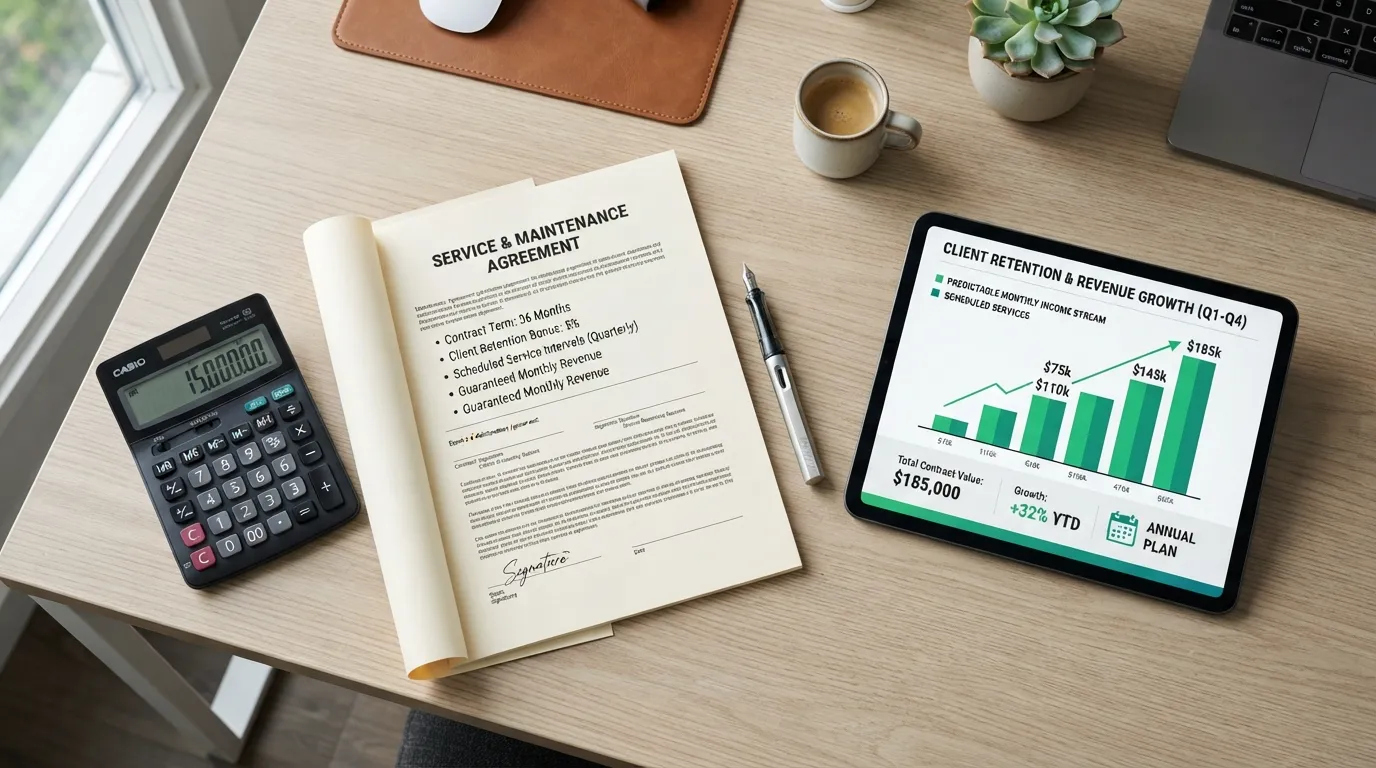 A business professional reviewing a signed contract and monthly financial growth chart highlighting recurring revenue from maintenance agreements.