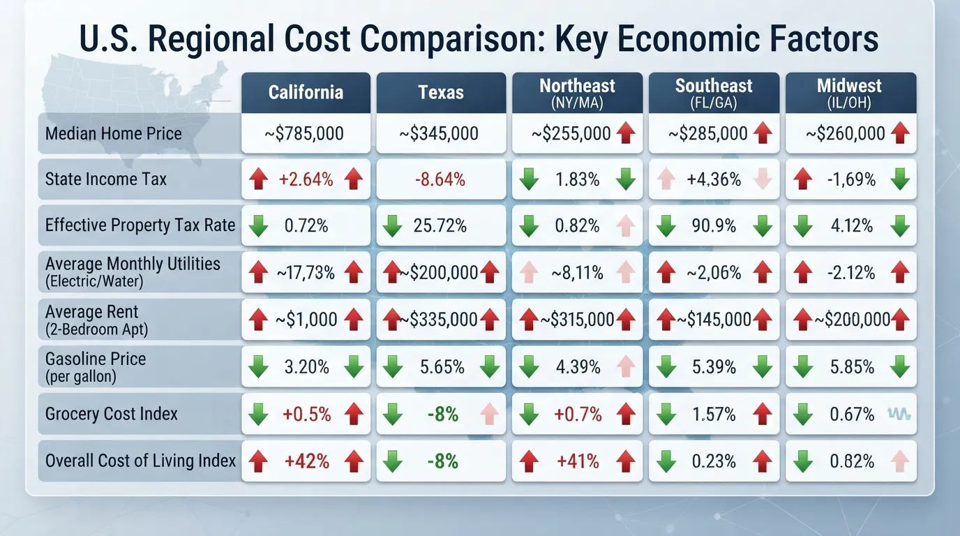A side-by-side infographic and cost-of-living comparison chart contrasting expenses in California, Texas, and other major US regions.
