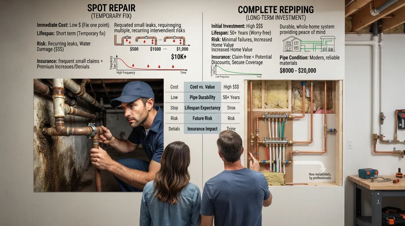 Financial calculation sheet and plumbing cost comparison chart weighing pipe repair versus full home repiping expenses