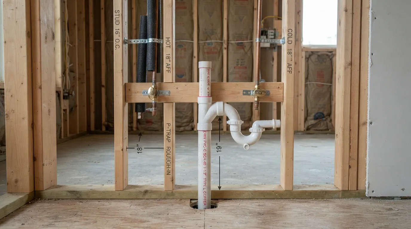 Diagram and real installation of rough-in plumbing showing hot and cold water supply lines and drain pipe positioned for a new sink.