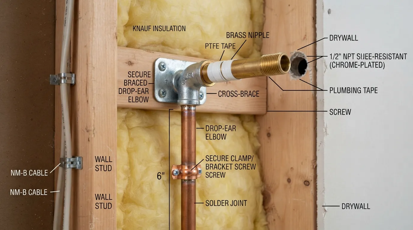 Plumber installing a shower riser pipe, drop-ear elbow, and showerhead arm inside a bathroom wall during a shower installation project.