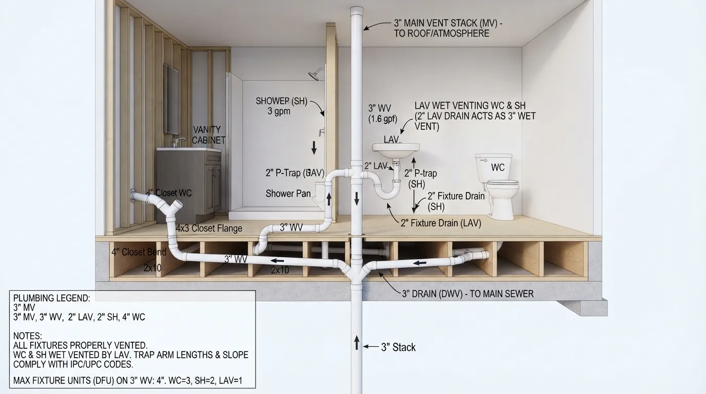 Plumbing diagram illustrating shared venting scenarios showing multiple bathroom fixtures successfully connected to a single common vent stack in compliance with code.