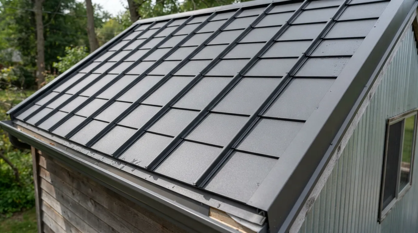 Close-up of standing seam metal shingles installed on a shed roof, highlighting the interlocking panels and weather-resistant finish.