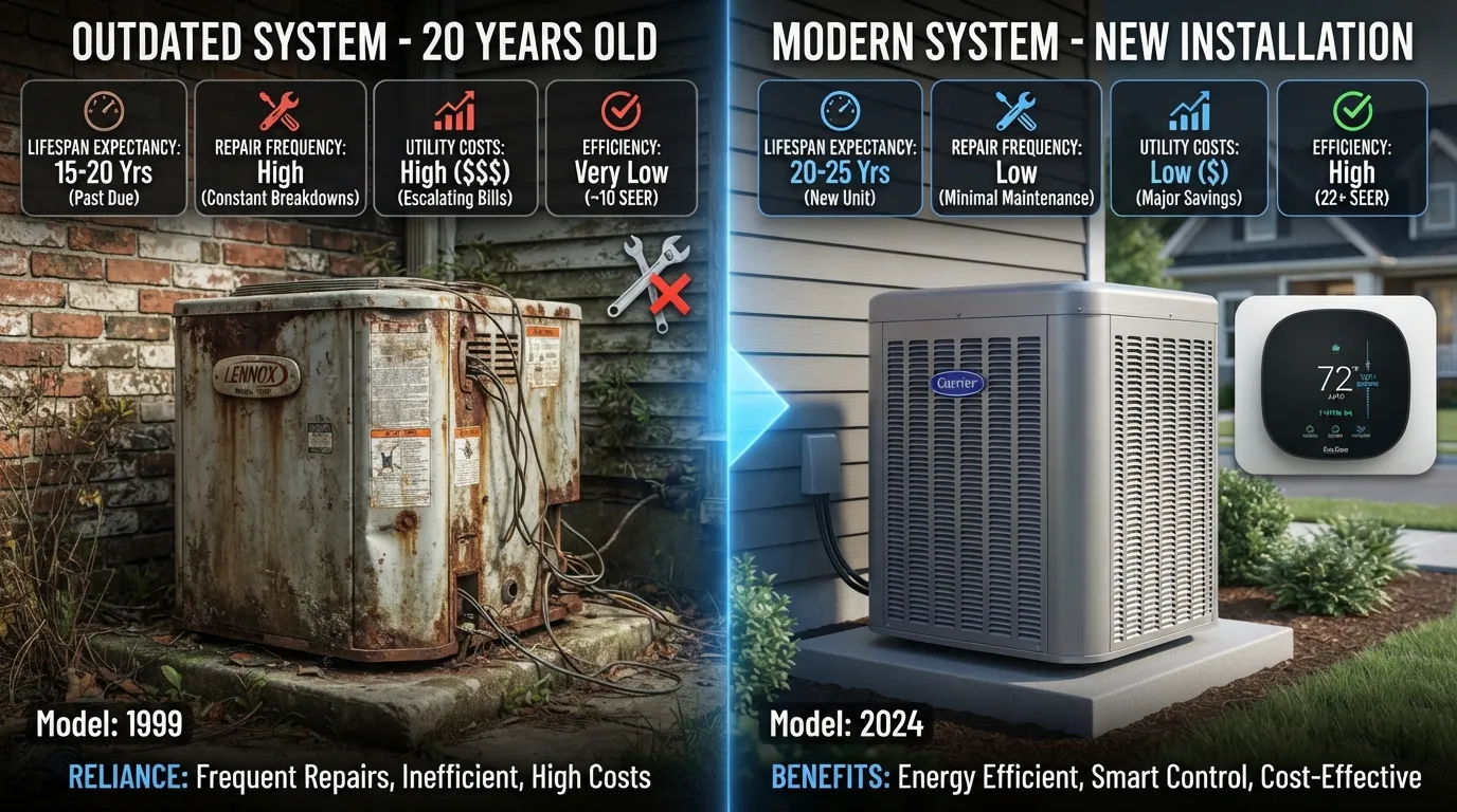A side-by-side comparison of an old, rusted HVAC unit and a modern high-efficiency system to help homeowners decide when to replace old equipment.