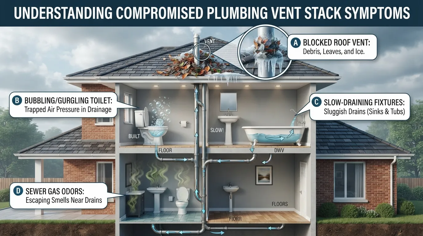 Cross-section diagram illustrating common signs of a clogged or failing plumbing vent stack, including slow drains, sewer gas odors, and bubbling toilets.