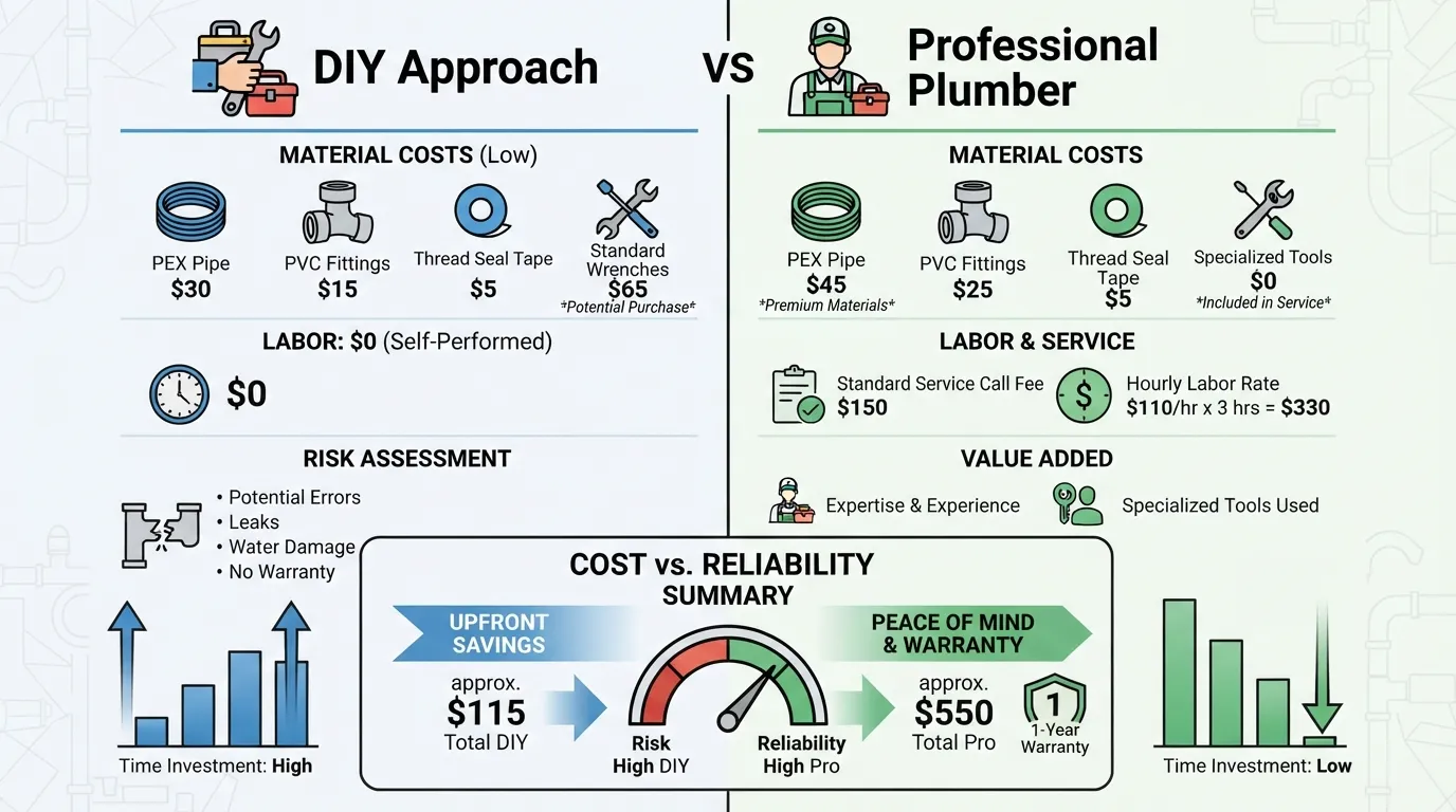 Comparison infographic showing sink plumbing costs for DIY supplies versus hiring a professional plumber, including parts, labor, and tools.