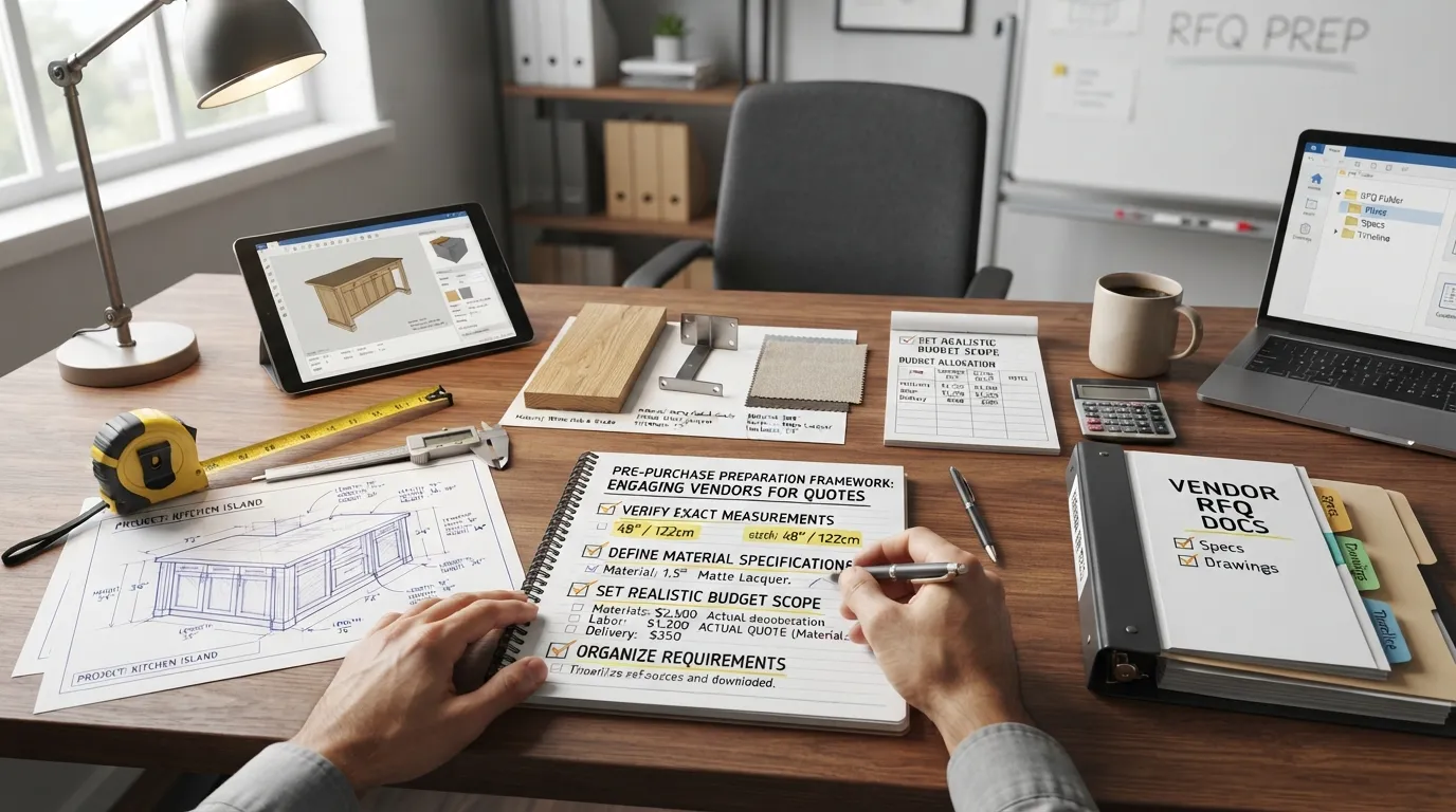 A comprehensive checklist document, tape measure, and notepad on a desk representing essential sizing and buying steps before requesting quotes.