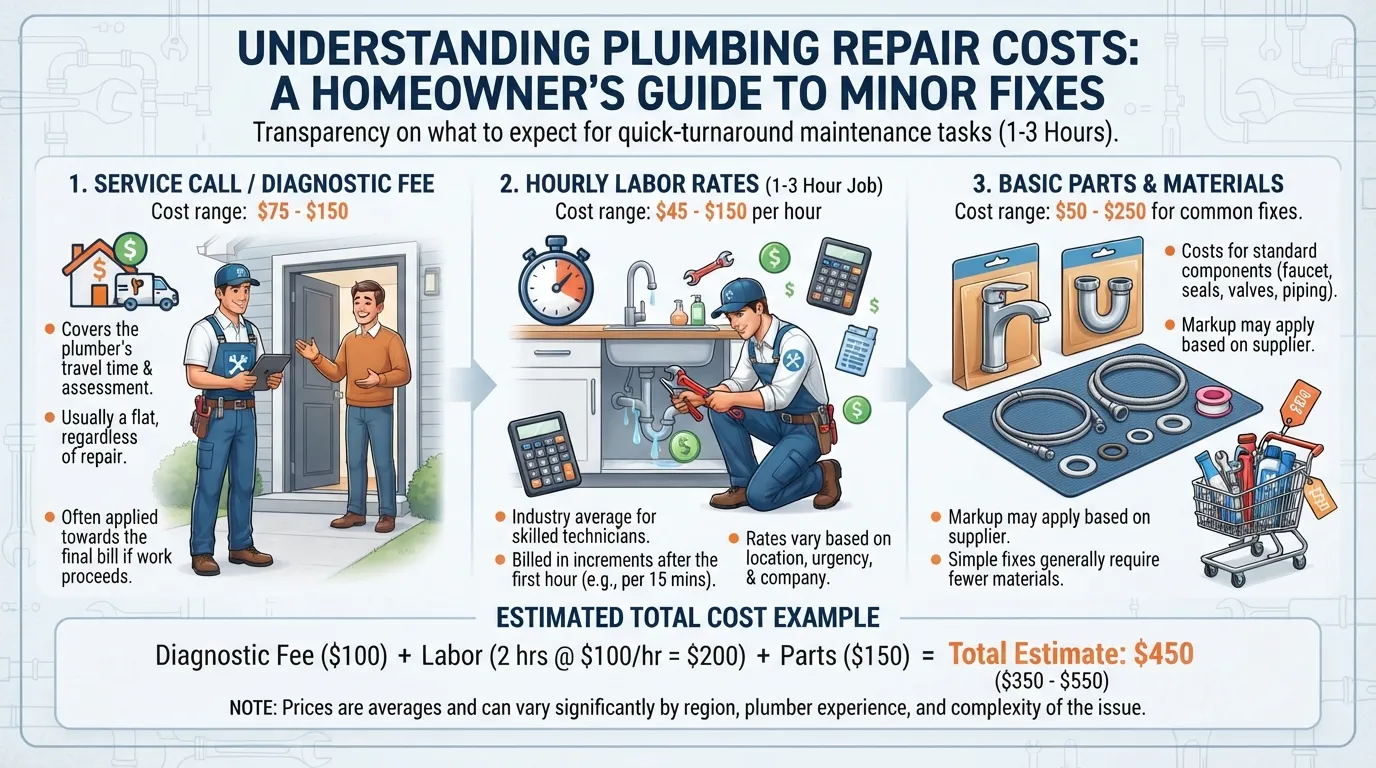 Infographic showing the cost breakdown for small plumbing jobs lasting one to three hours, including typical hourly labor rates and parts fees.