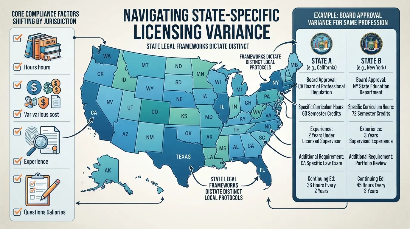 A US map with regional highlights, state seals, and checklist icons illustrating how licensing requirements, rules, and regulations vary across different state locations.