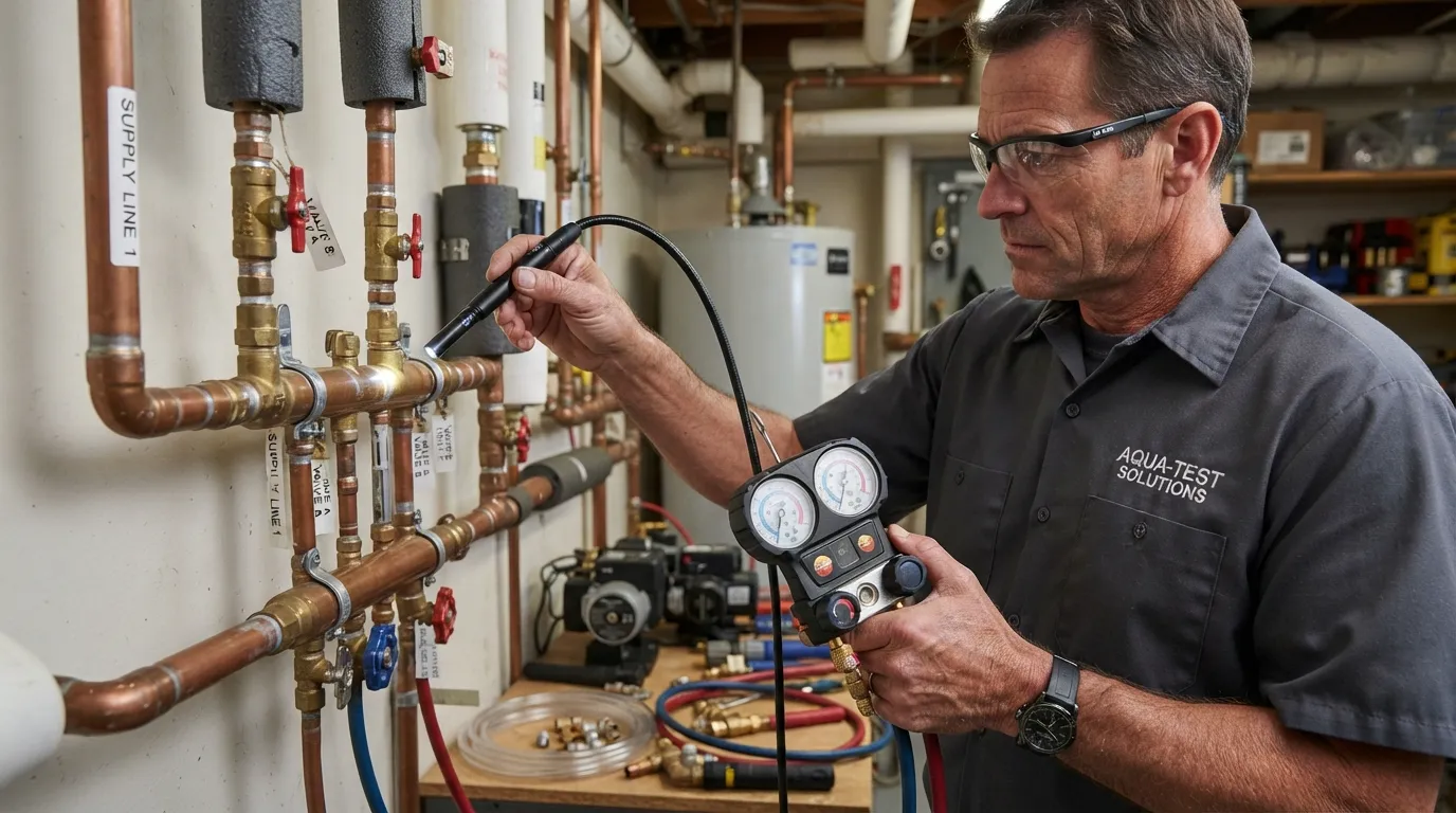 A plumber inspecting a pipe joint with an electronic leak detector and pressure gauge to check for water leaks.
