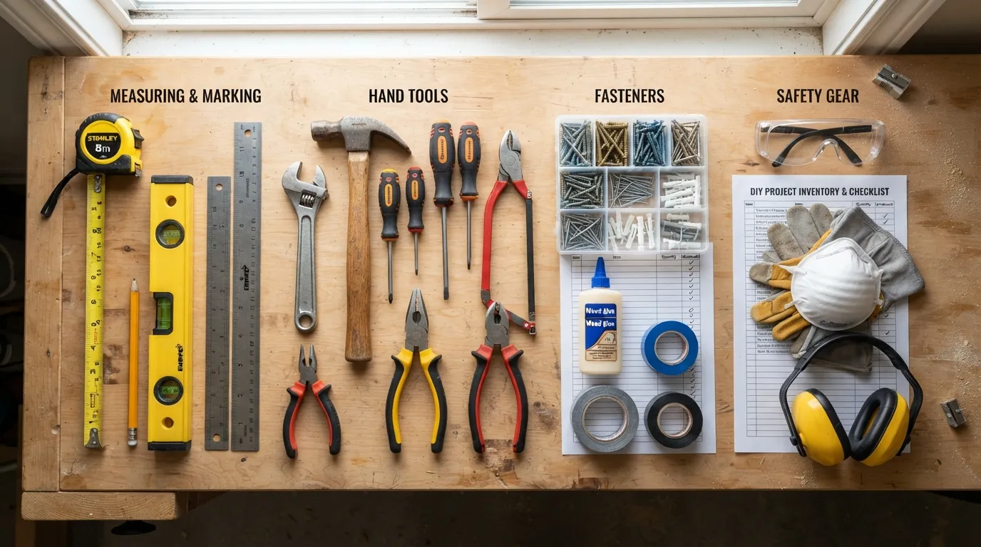 Flat lay photograph of essential DIY tools and repair materials, including a hammer, screwdriver set, tape measure, pliers, and safety gloves neatly arranged on a workbench.
