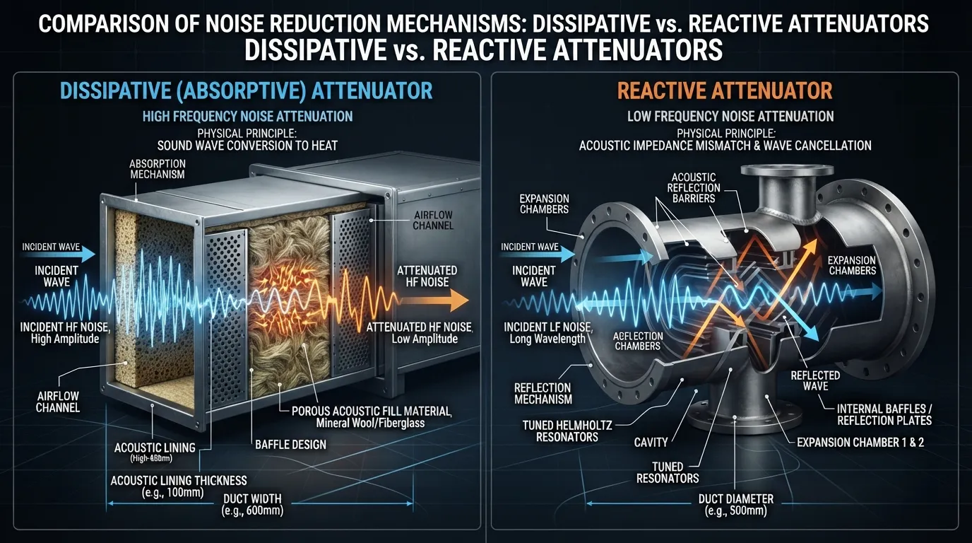 Detailed infographic comparing dissipative absorptive and reactive sound attenuator mechanisms side-by-side with airflow and acoustic wave paths.