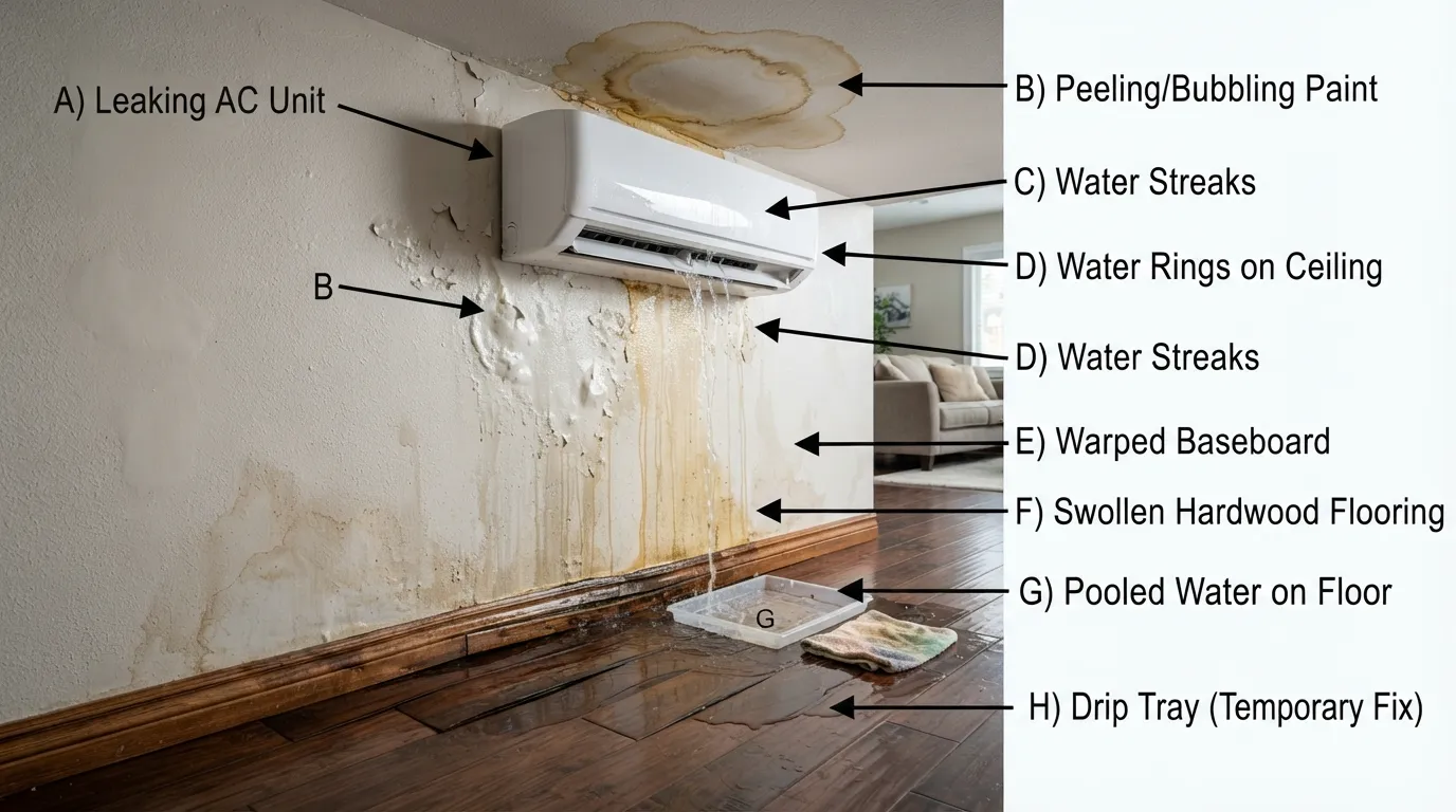 Close-up view of a ceiling water stain and peeling paint caused by an air conditioner leak, showing early warning signs of indoor water damage.