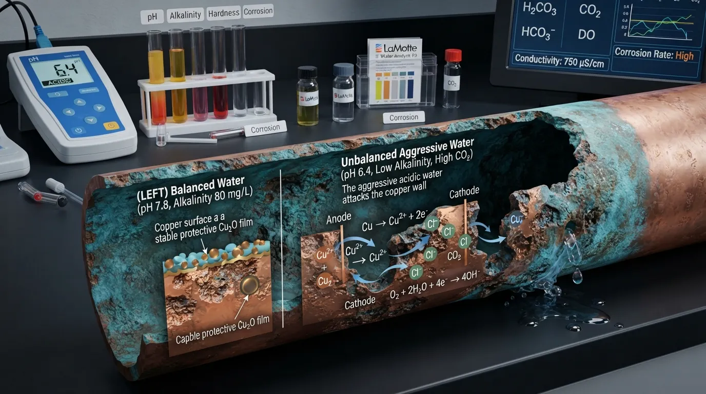 Water testing kit and pH strips analyzing tap water chemistry linked to copper pipe corrosion and pinhole leaks