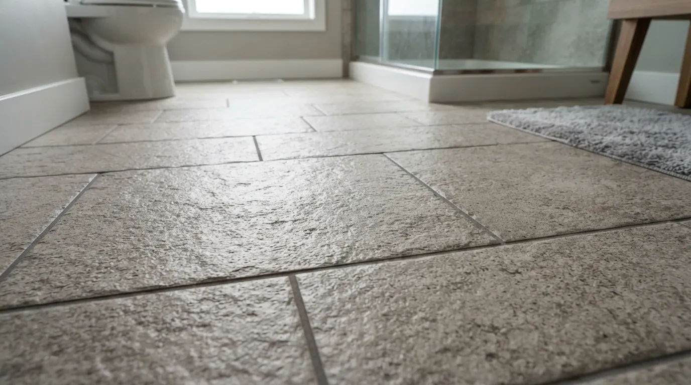 Close-up of a modern, waterproof bathroom floor featuring durable, slip-resistant tile with proper grout sealing.