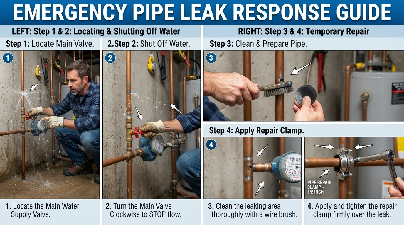 Hands using a temporary repair clamp and rubber patch to quickly stop a spraying pinhole leak on a copper pipe