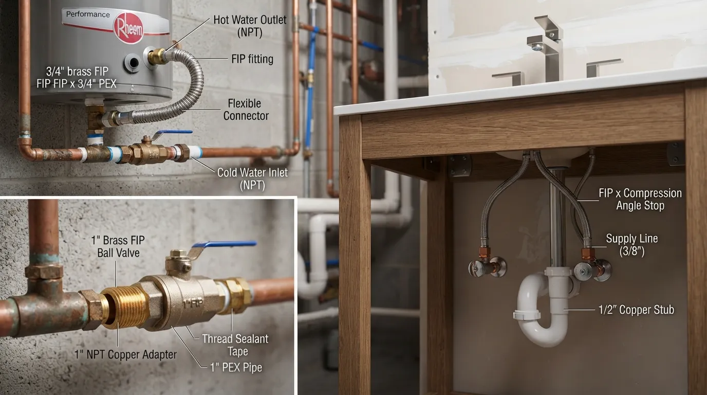 A residential water heater and supply valve setup showing threaded FIP fittings connected to copper and PEX plumbing lines