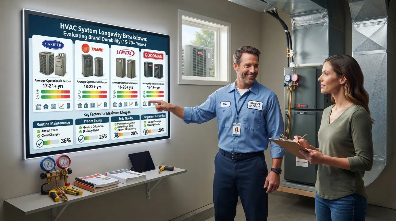 A comparison chart and technician inspecting reliable HVAC units to show which heating and cooling brands last the longest.