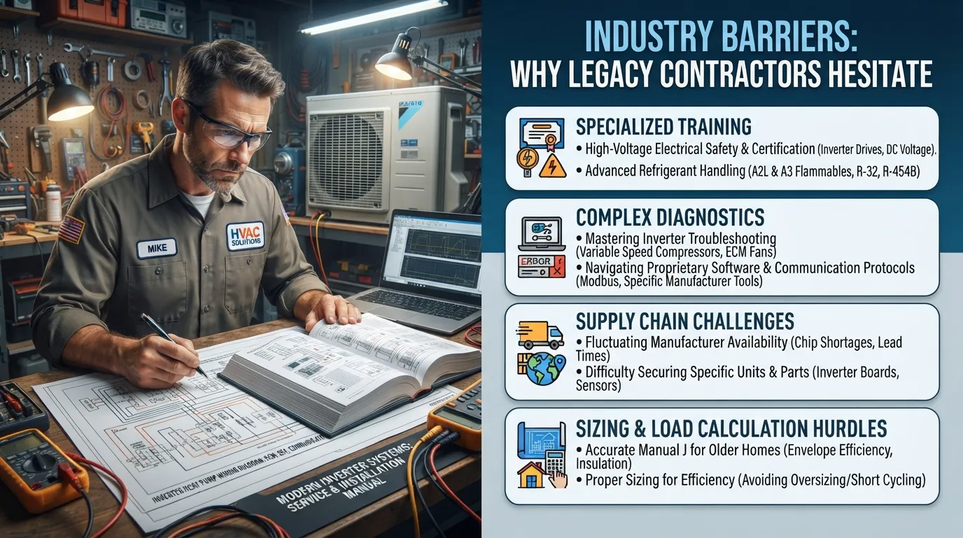A frustrated contractor looking at complex heat pump wiring diagrams and installation manuals, symbolizing the technical challenges and reluctance to install heat pump systems.