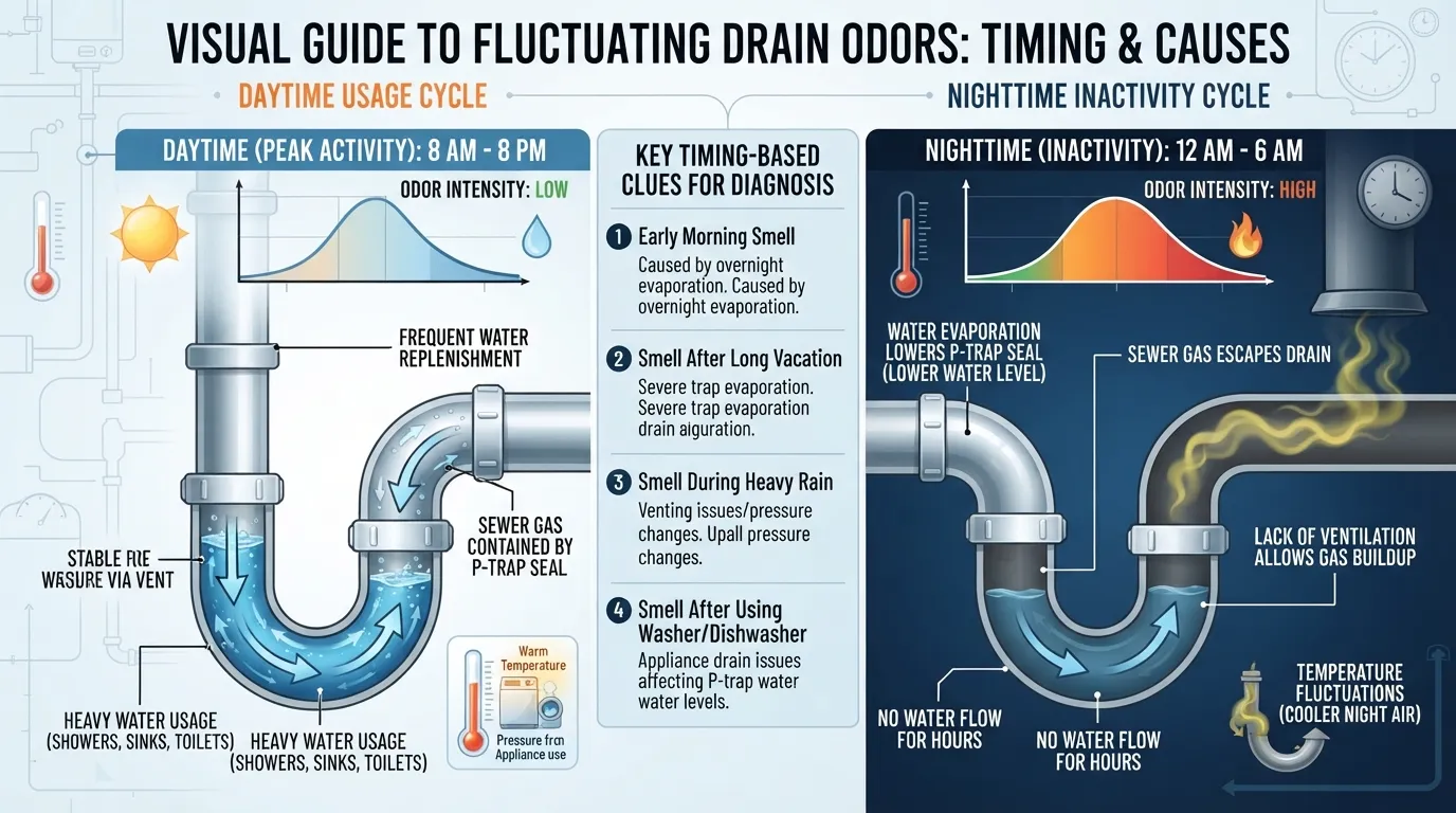 Illustration or photo showing a floor drain during different times of day to explain why foul odors come and go based on usage and drying traps.