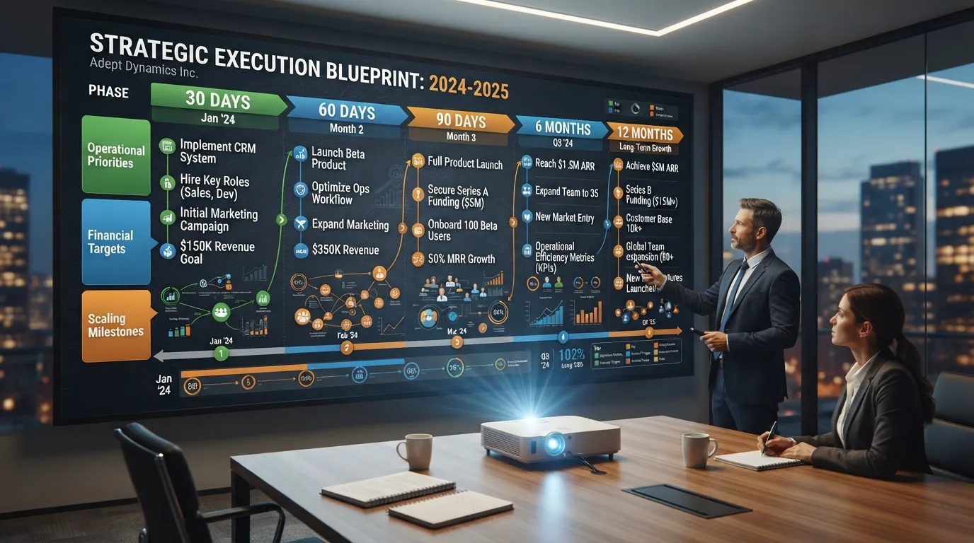Strategic business timeline roadmap charting out 30, 60, 90 day milestones and 12-month goals for a plumbing business