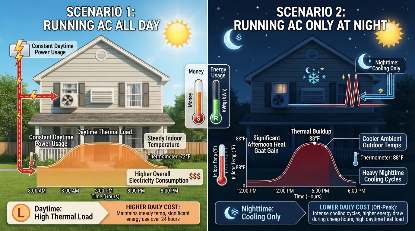 Infographic comparing the electricity costs and energy consumption of running a home air conditioner continuously all day versus only at night.