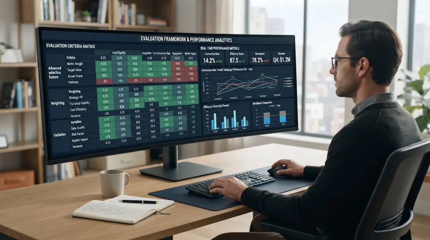 A data analytics dashboard displaying advanced selection factors, conversion rates, and key performance metrics graphs on a computer screen.