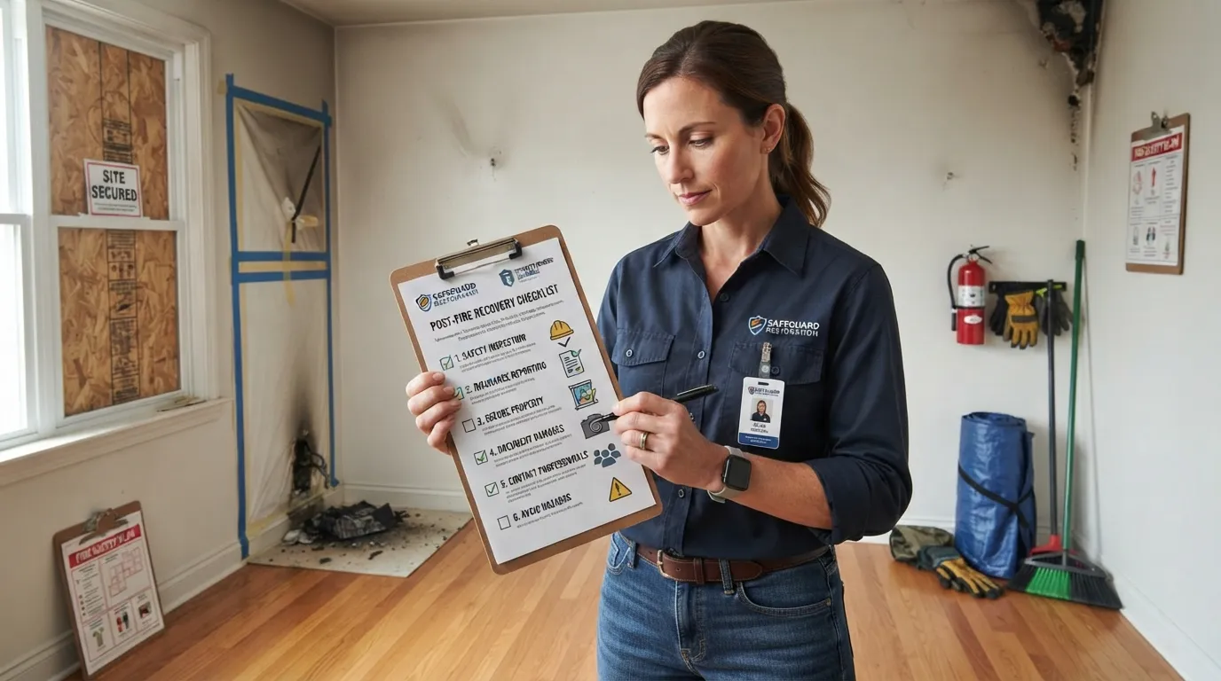 A homeowner assessing fire damage in a room while holding a checklist, representing the immediate steps to take after a house fire.