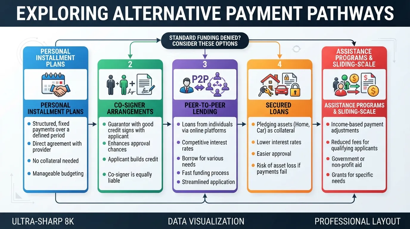 Infographic showing alternative payment methods and financing options for individuals who do not qualify for standard financing.