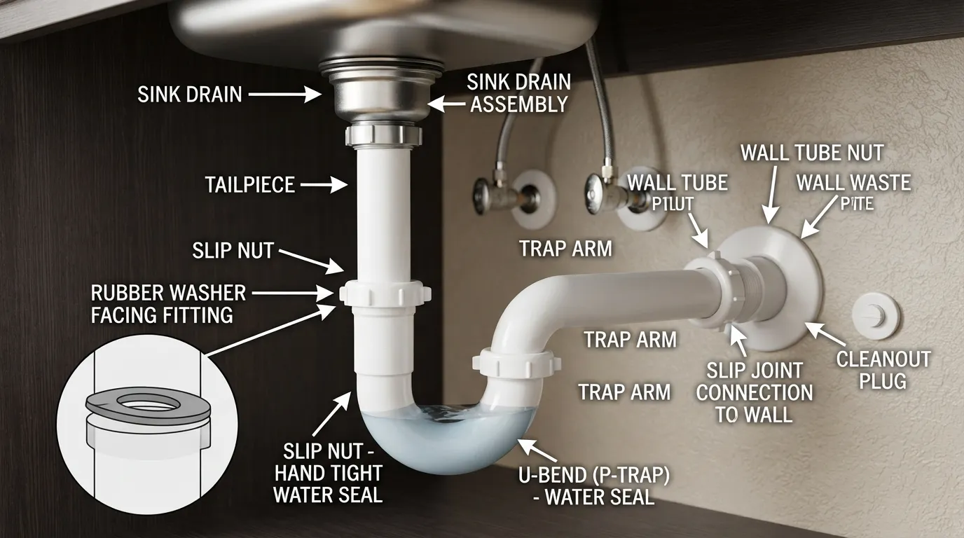Close-up view of a correctly assembled PVC P-trap and drain pipes under a sink, showing the vertical tailpiece, slip nuts, rubber washers, U-bend, and horizontal trap arm connected to the wall pipe.