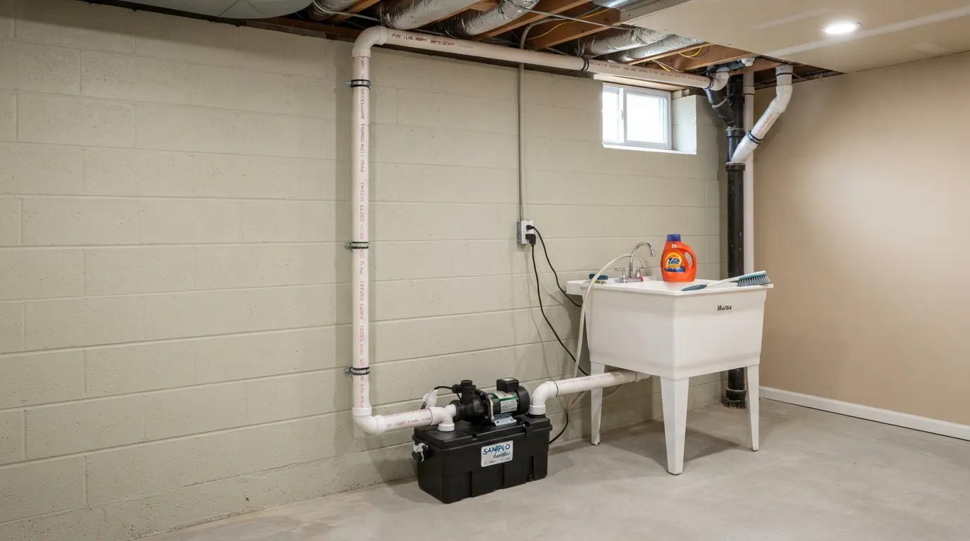 A real basement setup showing a standalone utility sink with an upflush macerating pump system installed for drainage without existing underground plumbing.