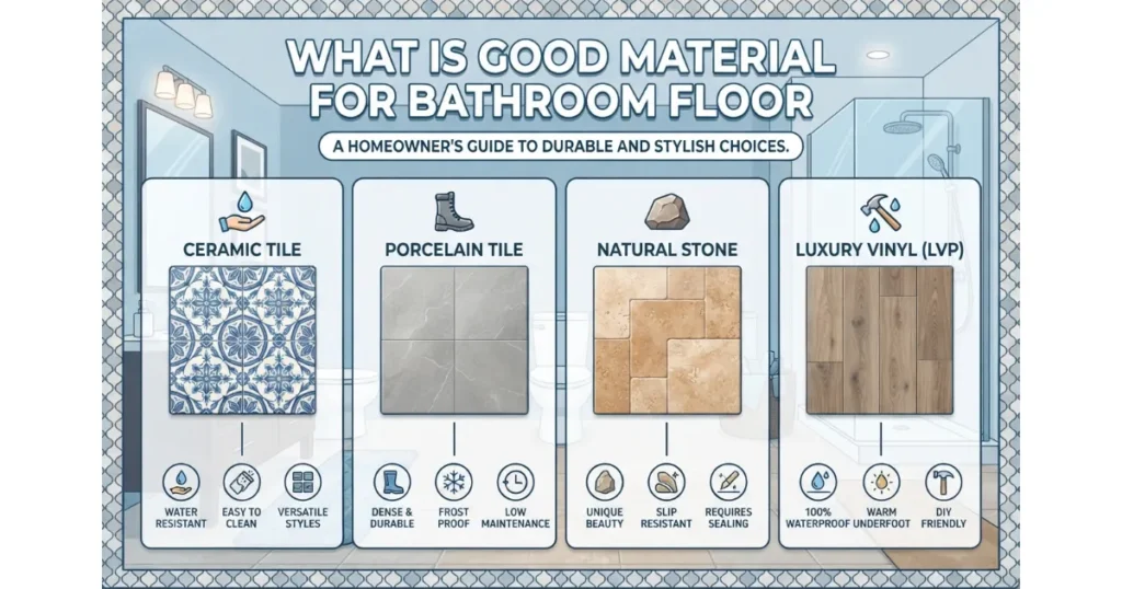 An infographic comparing four good materials for bathroom floors: Ceramic Tile, Porcelain Tile, Natural Stone, and Luxury Vinyl (LVP), detailing their key benefits like water resistance and durability.