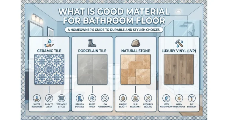 An infographic comparing four good materials for bathroom floors: Ceramic Tile, Porcelain Tile, Natural Stone, and Luxury Vinyl (LVP), detailing their key benefits like water resistance and durability.