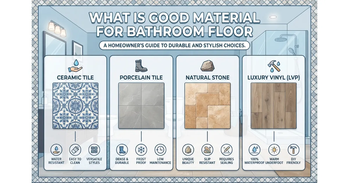 An infographic comparing four good materials for bathroom floors: Ceramic Tile, Porcelain Tile, Natural Stone, and Luxury Vinyl (LVP), detailing their key benefits like water resistance and durability.